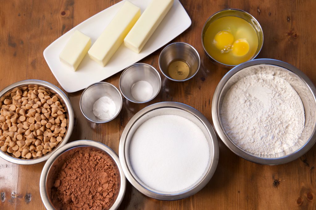 ingredients for chewy chocolate peanut butter cookies