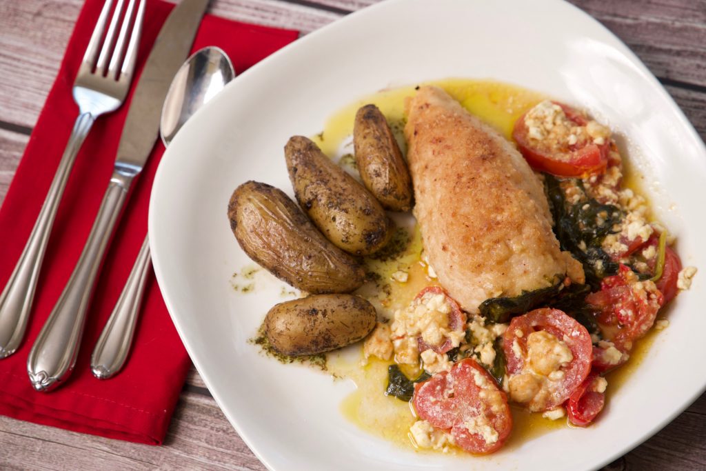 feta chicken served with dill potatoes