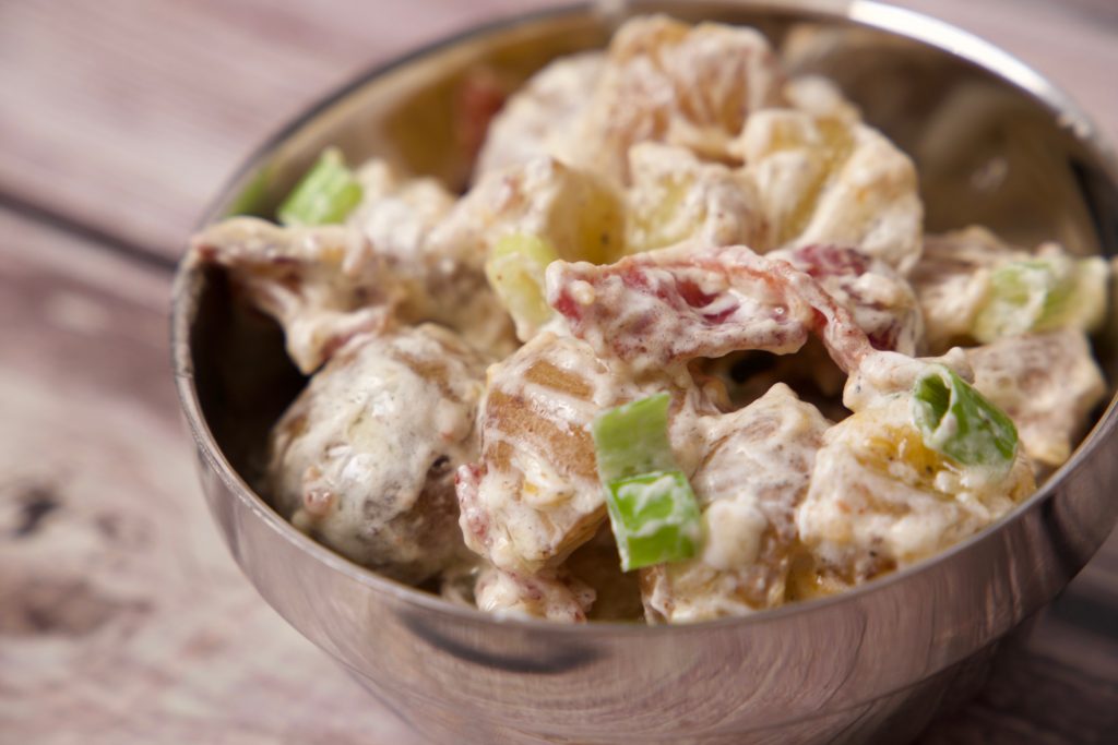 loaded baked potato salad ready to eat